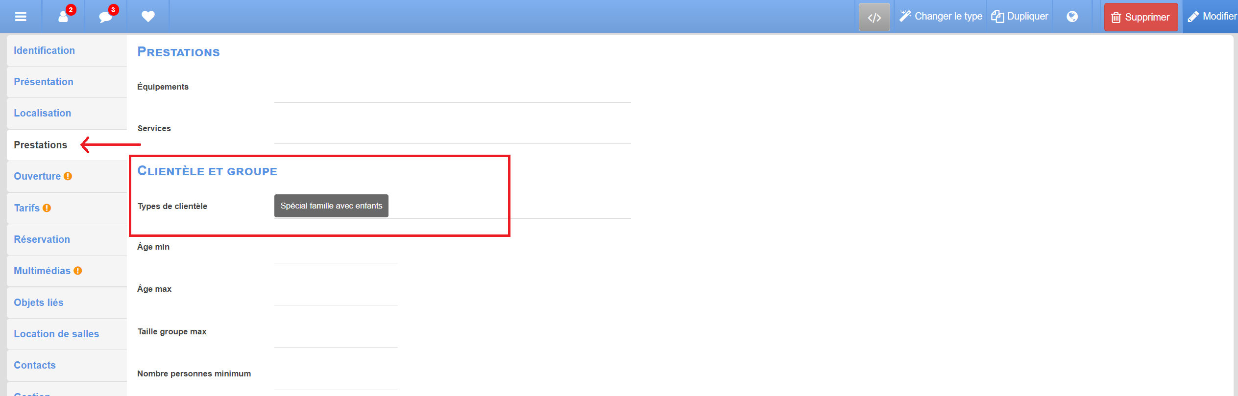 Filtrage des offres adaptées aux familles