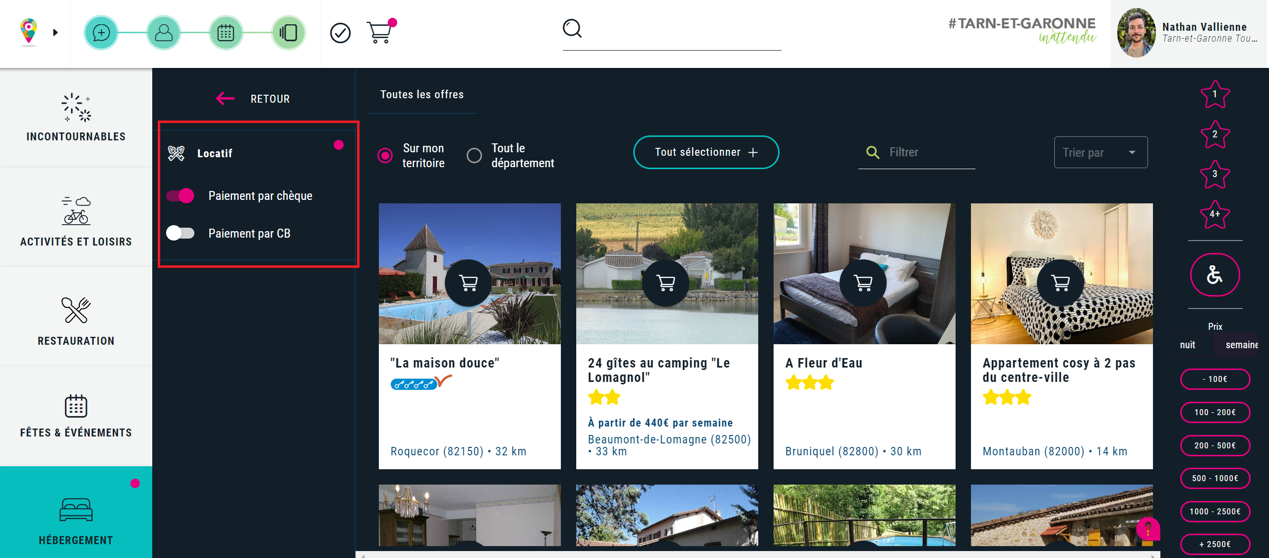 Filtrage des hébergements par paiement